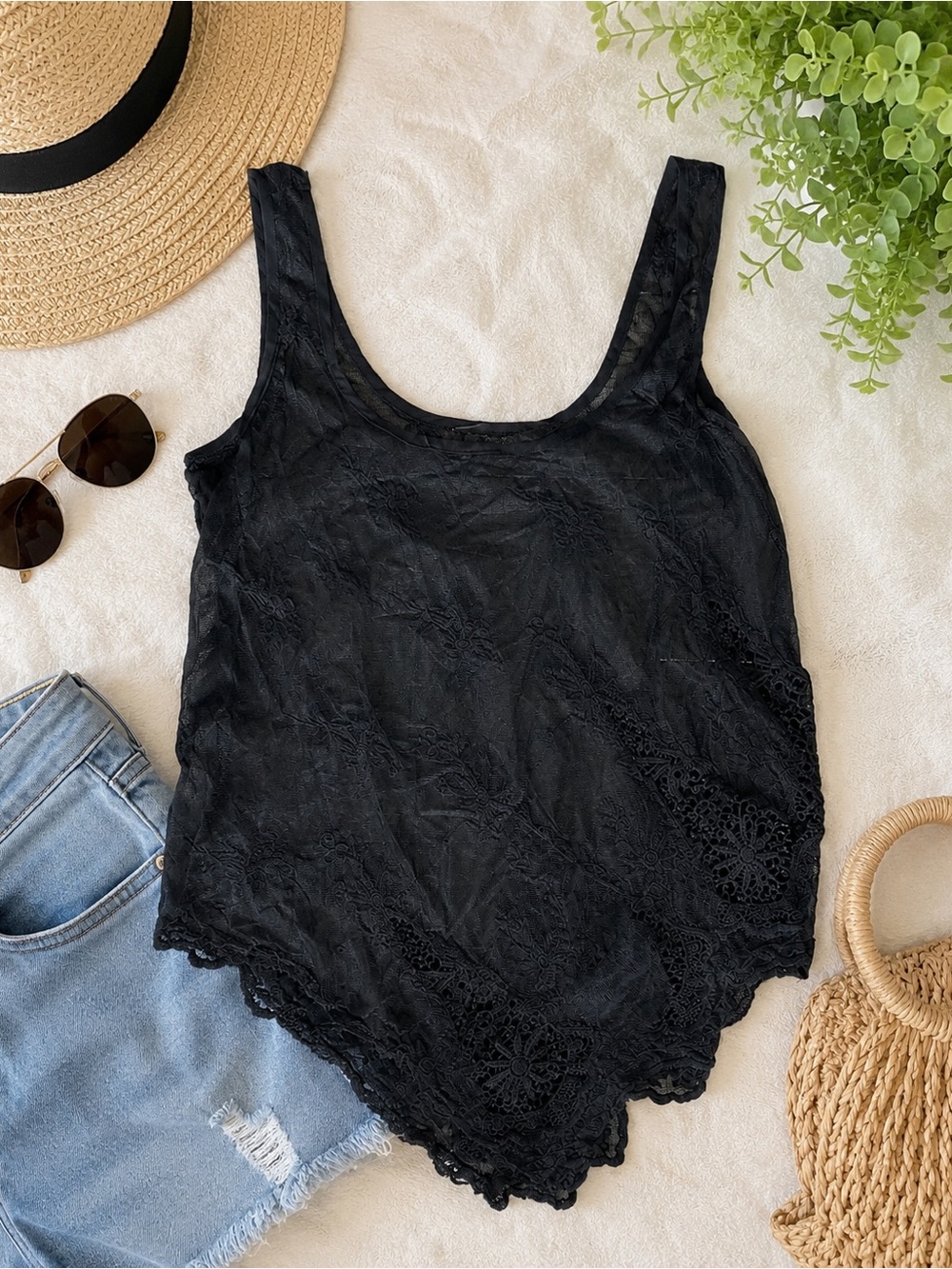NWT Love Stitch Black Sheer Floral Lace Mesh Tank Top Size Medium Boho Chic